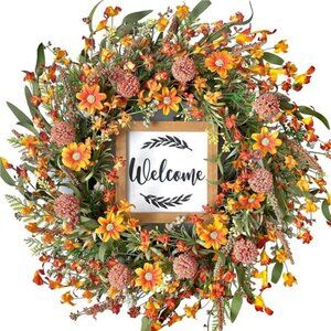 Summer Wreath for Front Door, Fall Wreaths with Orange Daisy Ear of Wheat Flower